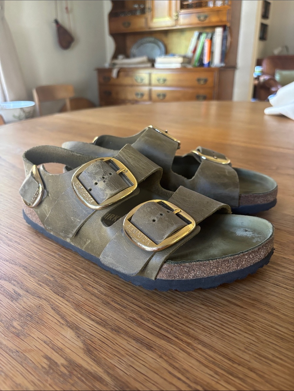 Birkenstock Olive Green Kids Triple-Buckle Sandals with Gold Buckles